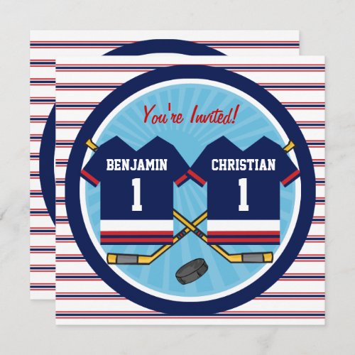 Ice Hockey Twins Jersey V2 1st Birthday Party Invitation