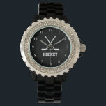 Ice hockey watch | Personalizable with name<br><div class="desc">Ice hockey watch | Personalizable with custom text or name. Custom wrist watches for basketball fans and players. Personalized gift idea for men,  women and kids Sporty design with black and white image of crossed hockey sticks and puck. Cool sports gear.</div>