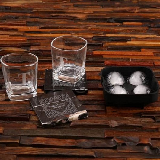 Ice Mold Gift Set with Monogram Whiskey Glasses (Front)