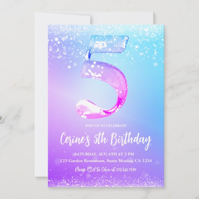 Ice number white glitter Girl 5th Birthday Invitation (Front)