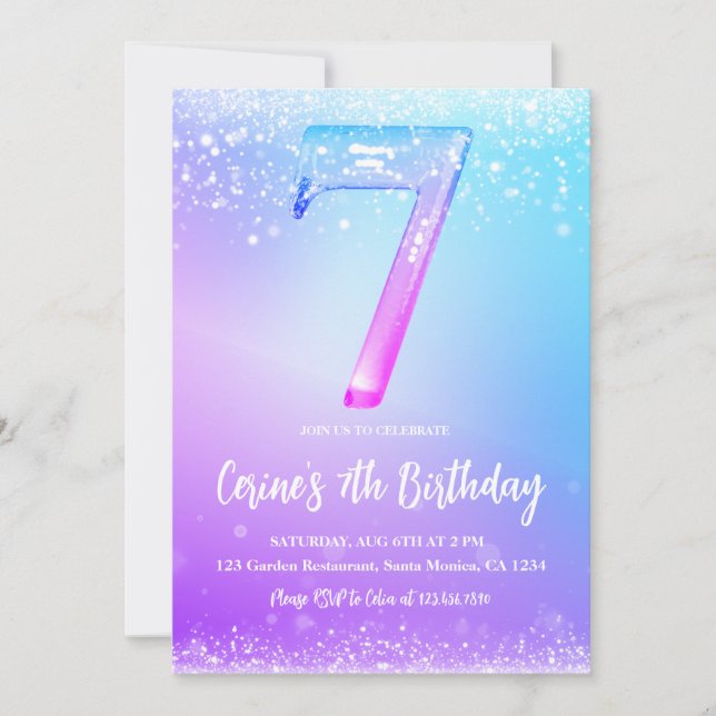 Ice number white glitter Girl 7th Birthday  Invitation (Front)