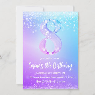 Ice number white glitter Girl 8th Birthday  Invitation