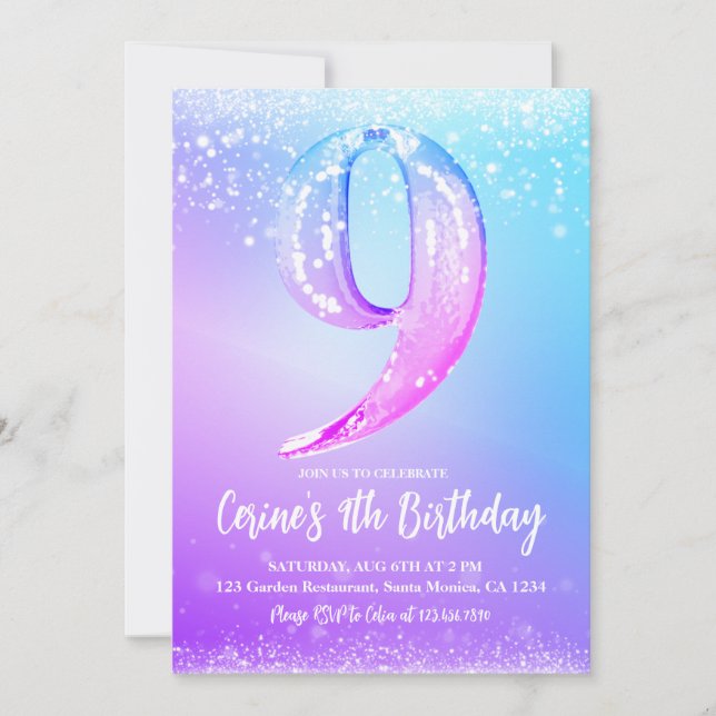 Ice number white glitter Girl Nine Birthday Invitation (Front)