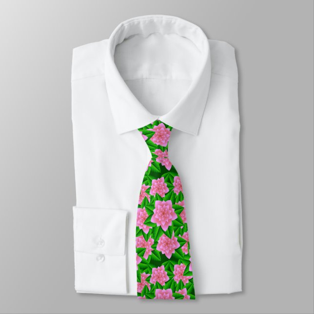 Ice Pink Camellias and Green Leaves Neck Tie (Tied)