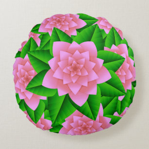 Ice Pink Camellias and Green Leaves Round Pillow