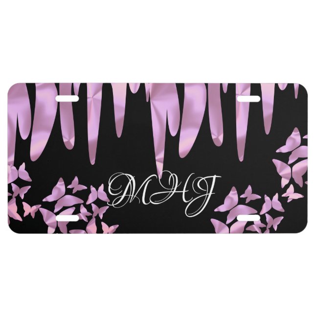 Ice Pink Dripping Holographic Butterflies License Plate (Front)