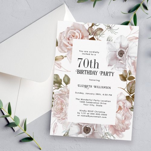 Ice Pink Roses Watercolor Floral 70th Birthday Invitation