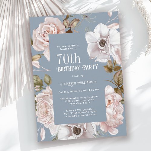 Ice Pink Roses Watercolor Floral 70th Birthday Invitation