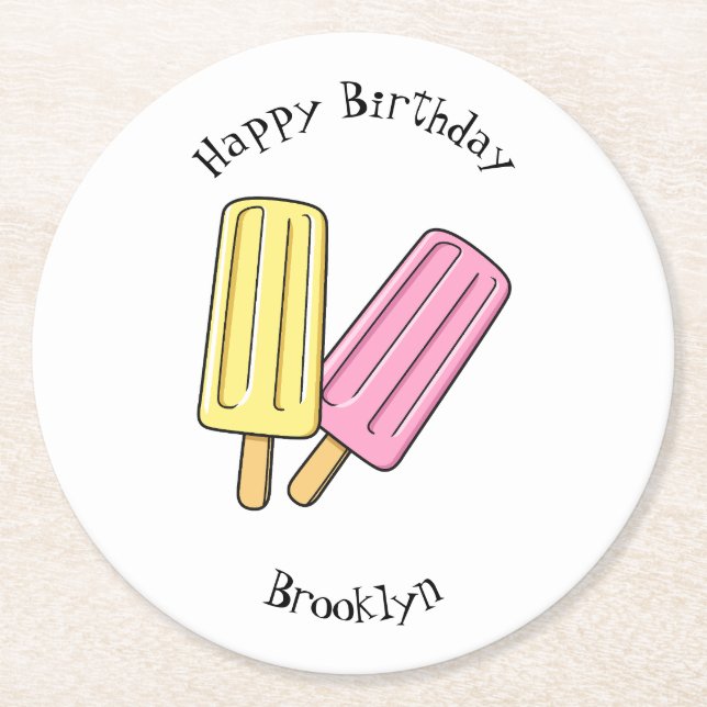 Ice pop cartoon illustration round paper coaster (Front)