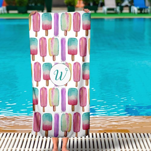 Ice Pop Ice Cream Colorful Cute Trendy Monogram Beach Towel