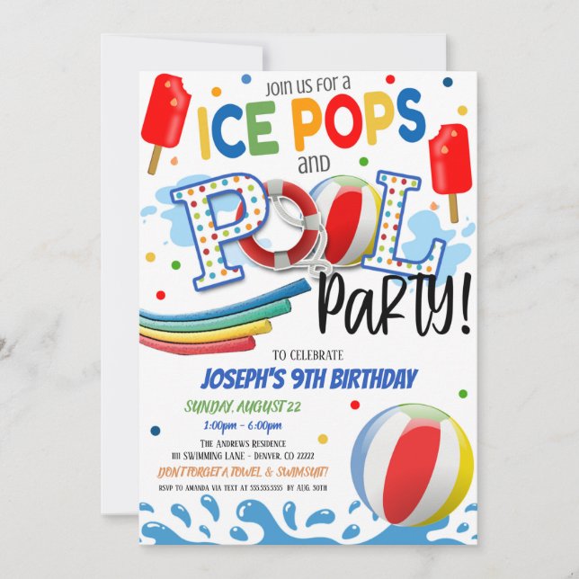 Ice Pops and Pool Party Invitation (Front)