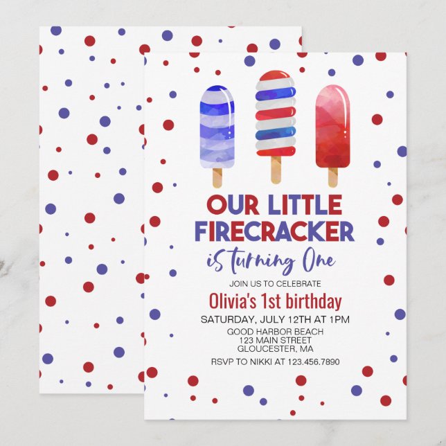 Ice Pops Firecracker Red White Blue 1st Birthday Invitation (Front/Back)