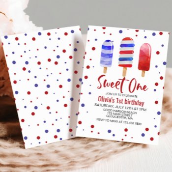 Ice Pops Sweet One Red White Blue 1st Birthday Invitation by CharlotteGBoutique at Zazzle