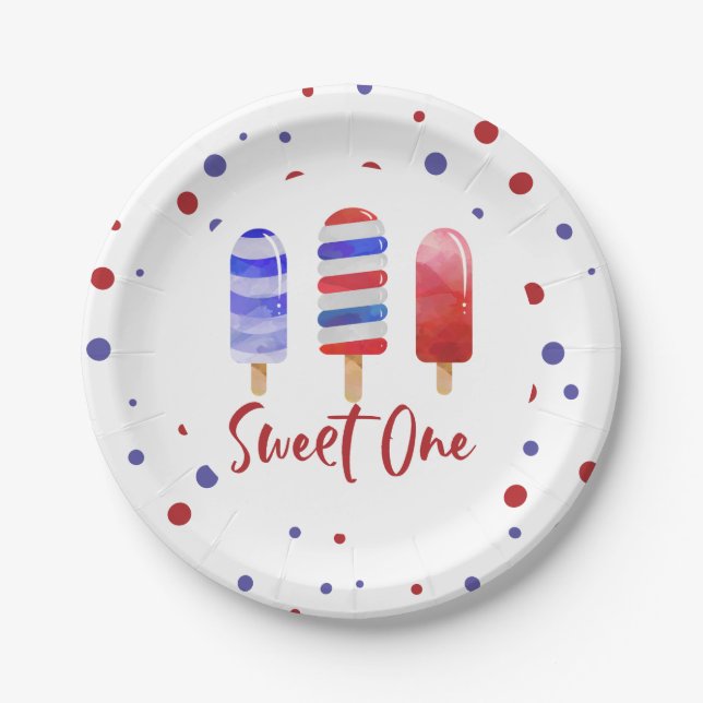 Ice Pops Sweet One Red White Blue 1st Birthday Paper Plates (Front)