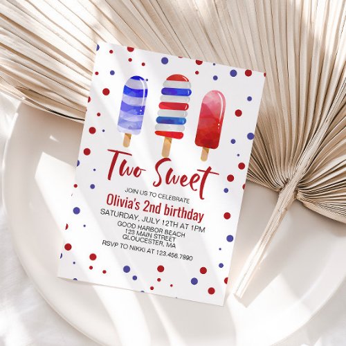 Ice Pops Two Sweet Red White Blue 2nd Birthday Invitation