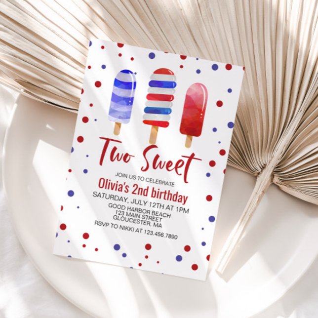 Ice Pops Two Sweet Red White Blue 2nd Birthday Invitation (Creator Uploaded)