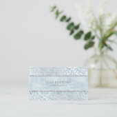 Ice Powder Blue Glimmer Damask Silver Business Card (Standing Front)