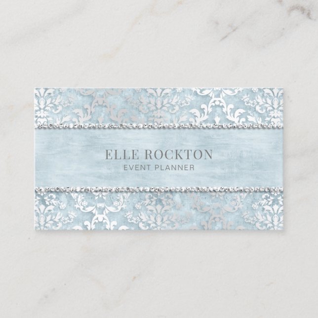 Ice Powder Blue Glimmer Damask Silver Business Card (Front)
