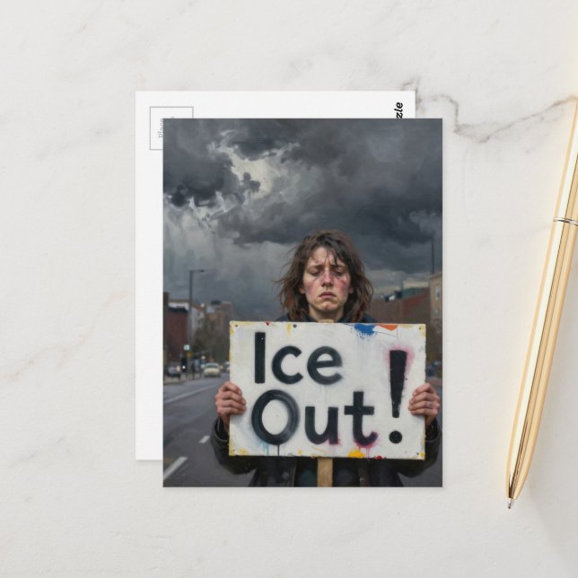 Ice protest lady in a city postcard (Front/Back In Situ)