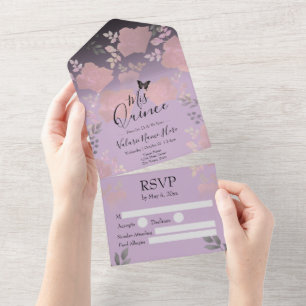 Ice Rose Pink Floral Quinceanera All In One Invita All In One Invitation