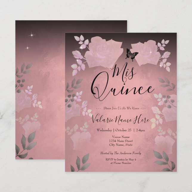 Ice Rose Pink Floral Quinceanera Budget Invitation (Front/Back)