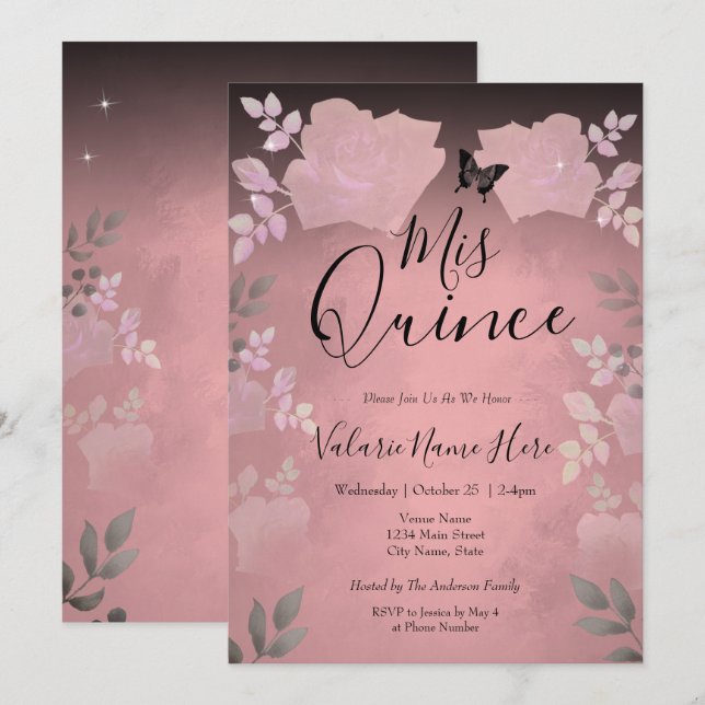 Ice Rose Pink Floral Quinceanera Budget Invitation (Front/Back)