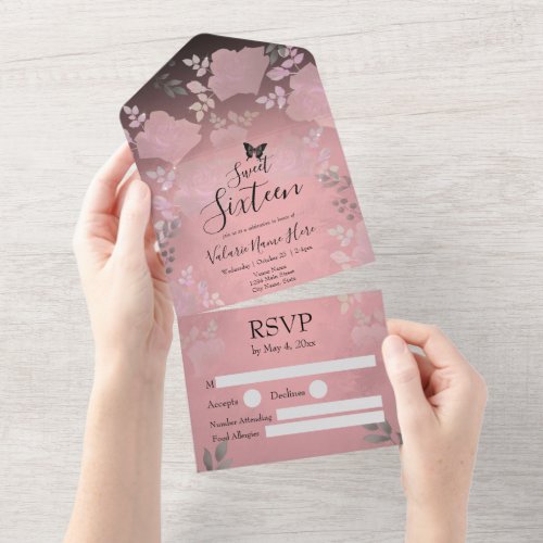Ice Rose Pink Floral Sweet Sixteen All In One Invi All In One Invitation