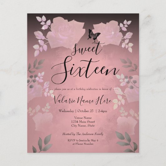 Ice Rose Pink Floral Sweet Sixteen Budget (Front)