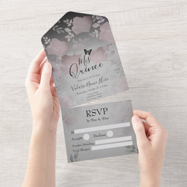 Ice Rose Silver Floral Quinceanera All In One Invi All In One Invitation (Tearaway)