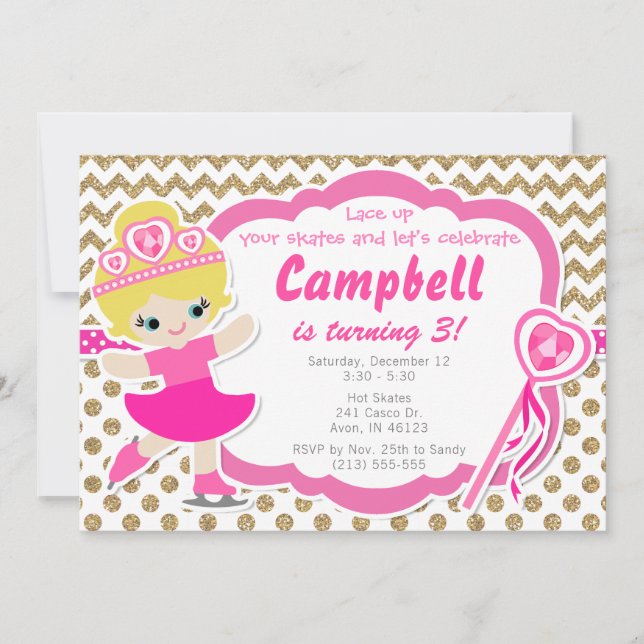 Ice Skate Girl Glitter Gold & Pink Birthday Invite (Front)