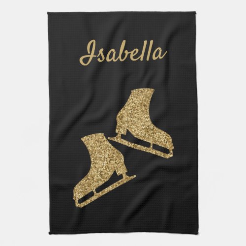 Ice skate towel figure skates Black gold glitter