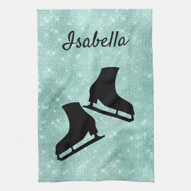 Ice skate towel figure skates turquoise sparkle (Vertical)