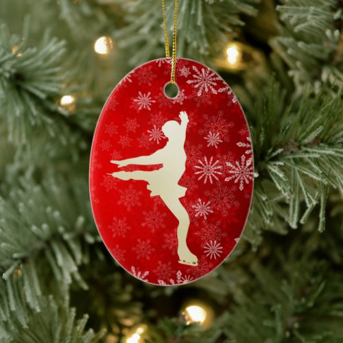 Ice Skater Gold Snowflakes on Bright Red Ceramic Ornament