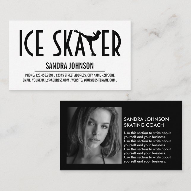 Ice Skater Silhouette Logo, Skating Coach Photo Business Card (Front/Back)