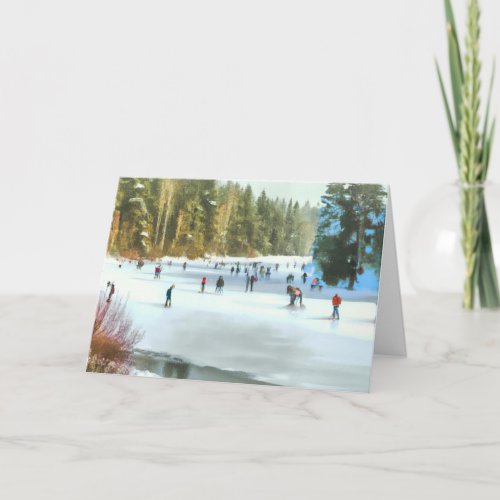  Ice Skaters on A Pond Watercolor Winter Landscape Card