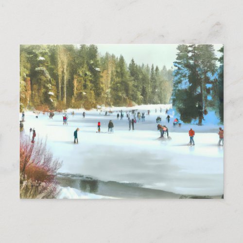 Ice Skaters on A Pond Watercolor Winter Landscape Postcard