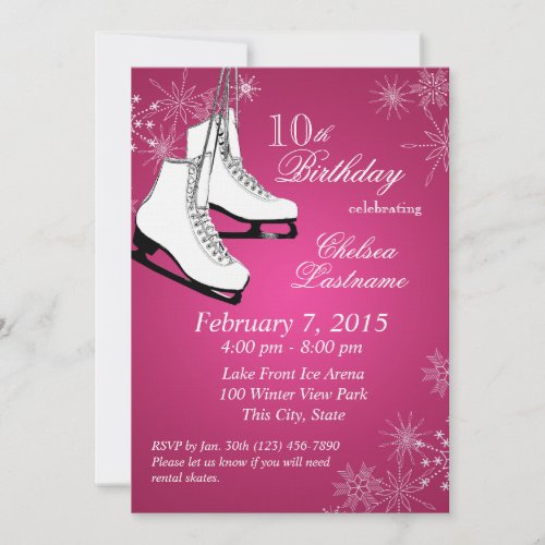 Ice Skates and Snowflakes Pink Birthday Invitation