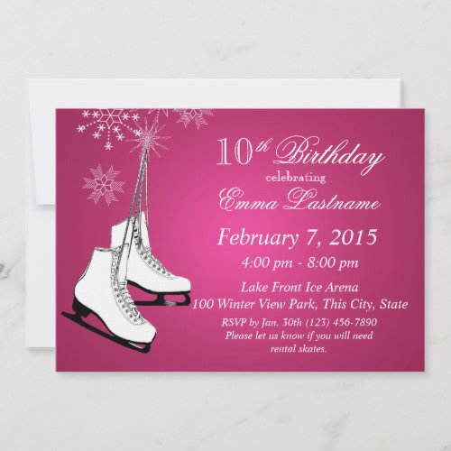 Ice Skates and Snowflakes Pink Birthday Invitation