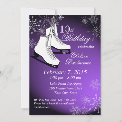 Ice Skates and Snowflakes Purple Birthday Invitation