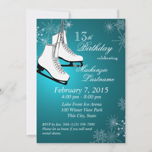 Ice Skates and Snowflakes Teal Birthday Invitation