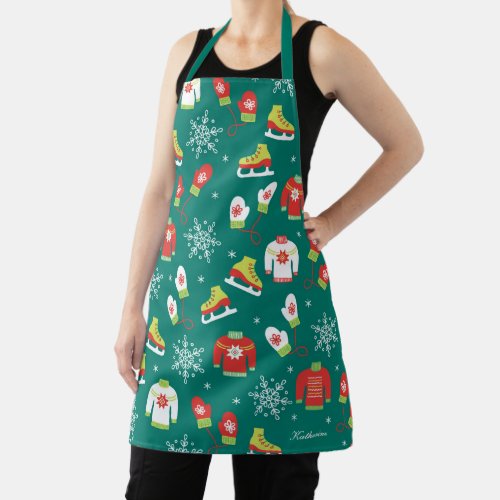 Ice Skates and Snowflakes Teal Monogram Pattern Ap Apron