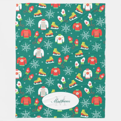 Ice Skates and Snowflakes Teal Monogram Pattern Fleece Blanket