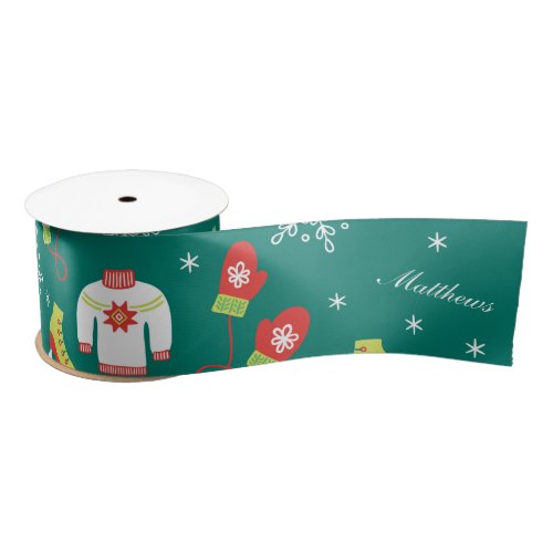 Ice Skates and Snowflakes Teal Monogram Pattern Satin Ribbon