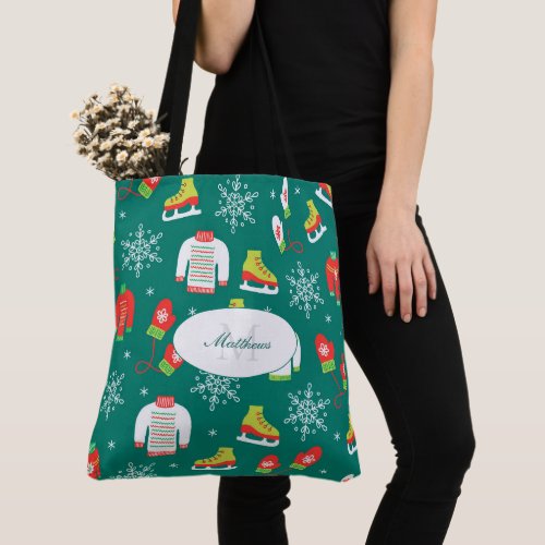 Ice Skates and Snowflakes Teal Monogram Pattern Tote Bag