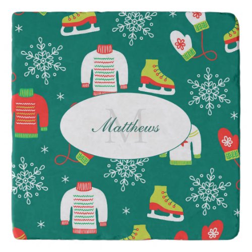 Ice Skates and Snowflakes Teal Monogram Pattern Trivet