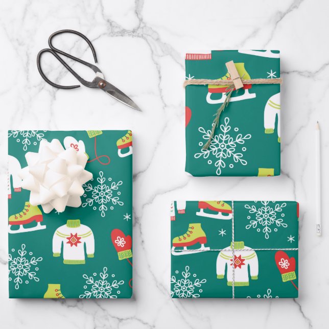 Ice Skates and Snowflakes Teal Monogram Pattern Wrapping Paper Sheets (Front)