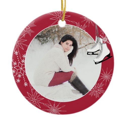 Ice Skates and Snowflakes with Photo Ceramic Ornam Ornament