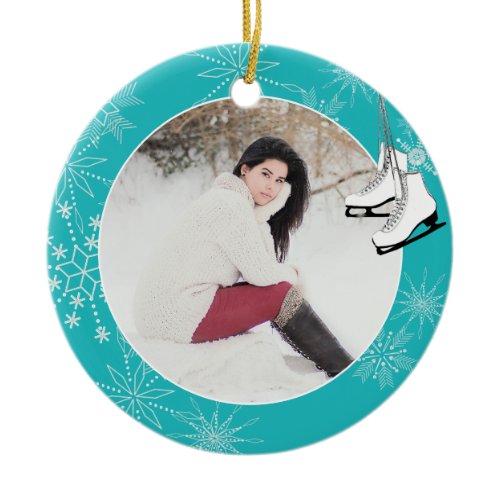 Ice Skates and Snowflakes with Photo Ceramic Ornam Ornament