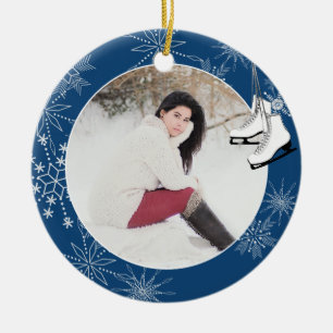 Ice Skates and Snowflakes with Photo Ceramic Ornam Ornament