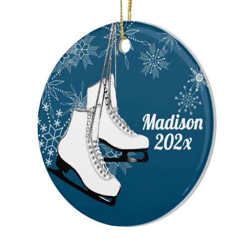 Ice Skates and Snowflakes with Photo Ceramic Ornament